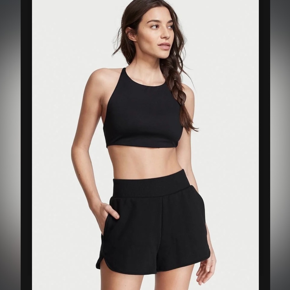NWT Victoria's Secret Black Athletic Shorts On Point Cotton Fleece High Waist - Picture 5 of 7